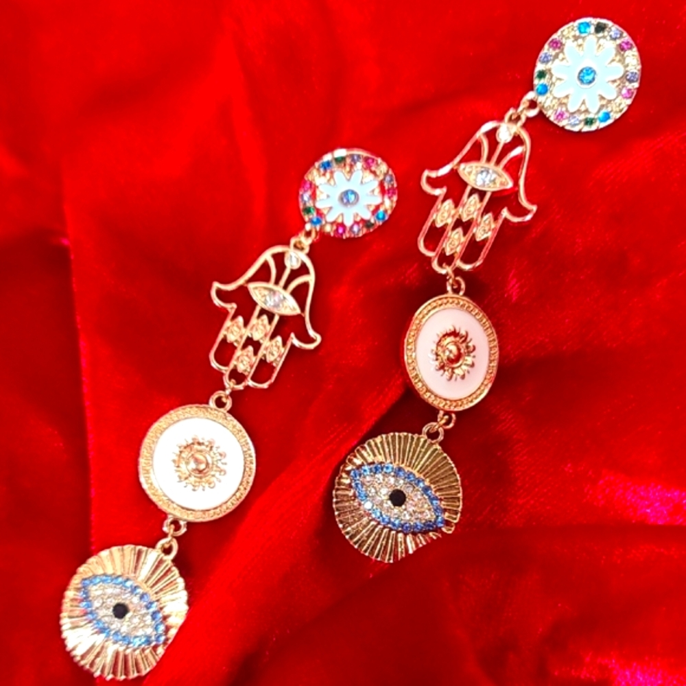 Evil Eye Hamsa Chandelier Dangle Gold Tone Post Earrings Rhinestone Accents NWT